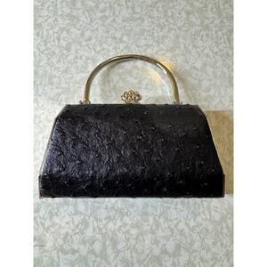 Black Faux Ostrich Mini Purse with Metal Handle & Crown Clasp